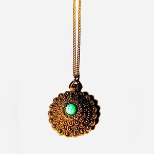 Signed Callejero Vintage Perfume Locket/Pendant Gold Tone Necklace Green Stone